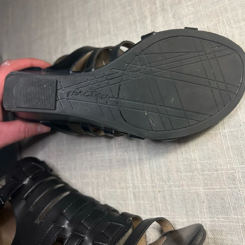 Kenneth Cole Reaction Black Gladiator Wedge Sandals | Strappy Ankle Buckle - Picture 4 of 5